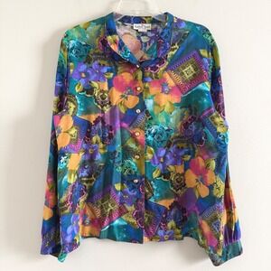 VTG Robbie Sport Patchwork Blouse Floral Geometric Multicolor Print Size 14